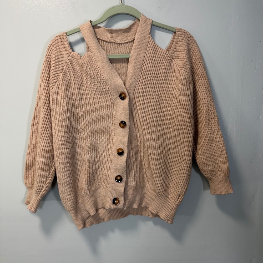 Unbranded Cold Shoulder Button Up Cardigan Sweater Tan Small